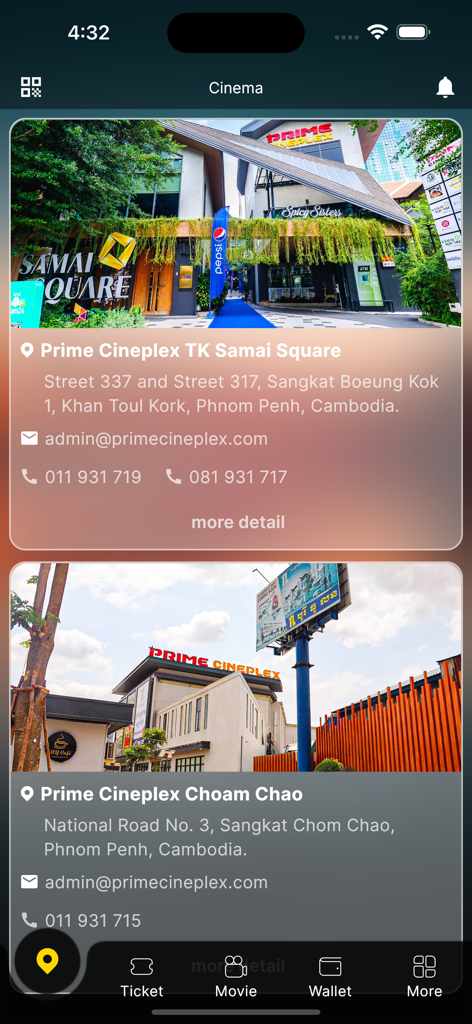Prime Cineplex mobile app screen showing theater locations in Phnom Penh Cambodia with contact information