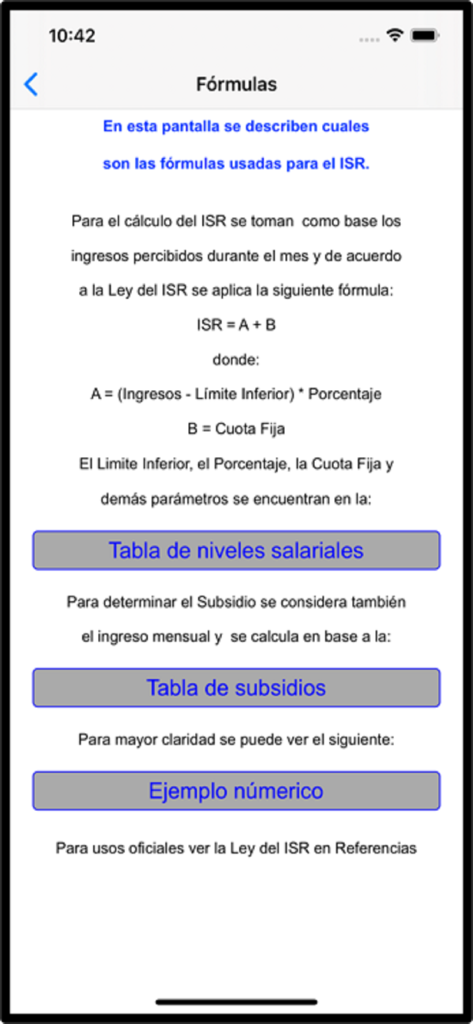 Calculadora del ISR - Pantalla de la app Calculadora del ISR mostrando fórmulas de impuesto sobre la renta