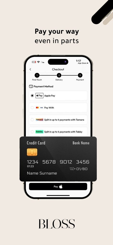 Checkout screen of BLOSS app showing various payment options including Apple Pay and split payment services.