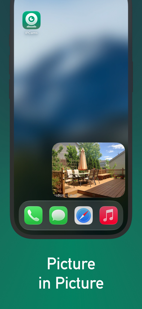 IP Camera Viewer - IPCams - IPCams app showing a security camera feed in Picture in Picture mode on an iPhone home screen