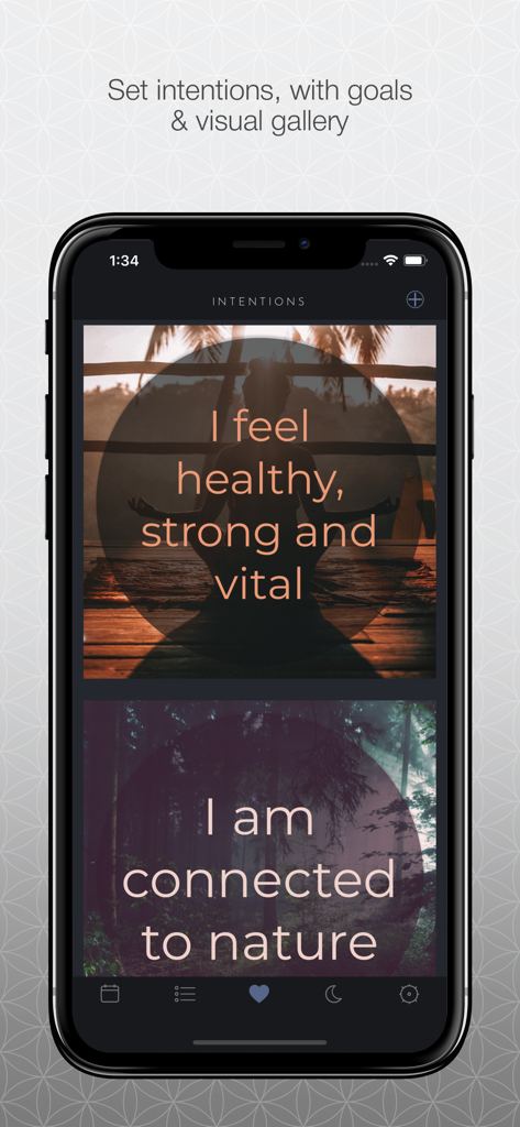 The Moon Calendar - Captura de pantalla de la pantalla de intenciones de la aplicación El Calendario Lunar que muestra afirmaciones positivas con imágenes de fondo.