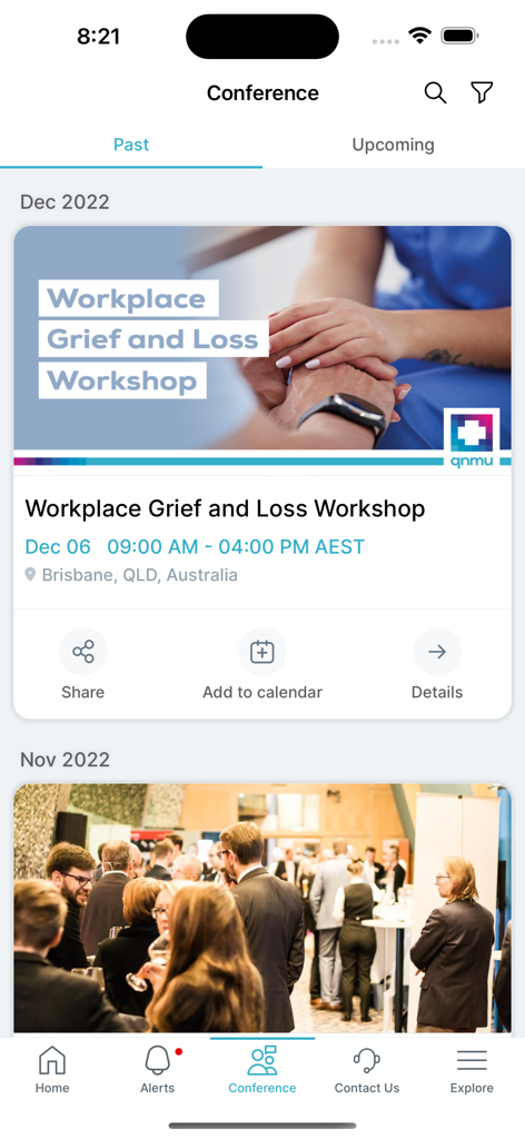 A list of professional workshops and conferences for nurses and midwives in the QNMU mobile app.