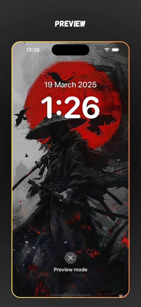 NaruPix: Shippuden Wallpaper - A preview of a stylized ninja wallpaper on an iPhone lock screen featuring a samurai and a red sun