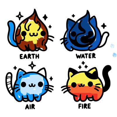 4 cats that represent the different elements, earth, water, air, and fire