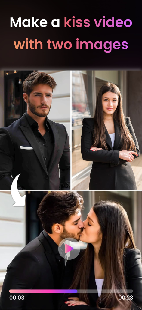 AI Kiss Video Maker - AI Hug - Interface showing two separate photos of a man and woman being transformed into an AI generated video of them kissing