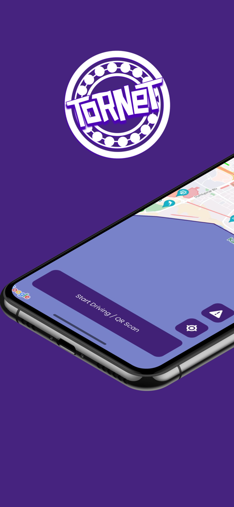 Tornet Scooter - Interface do aplicativo Tornet Scooter em um iPhone mostrando o mapa e o botão Iniciar Condução