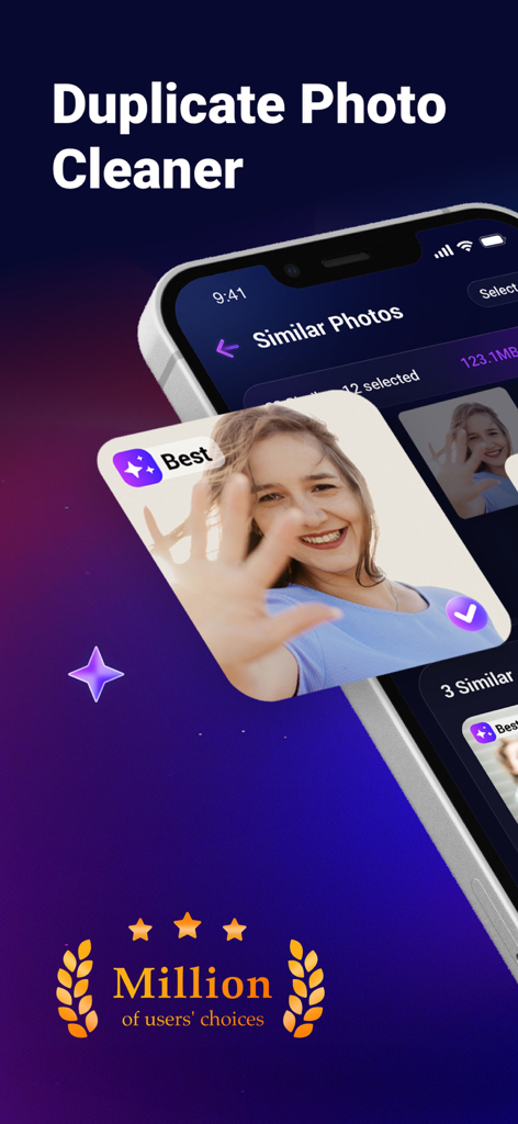Quick Cleaner:Clean Up Storage - Quick Cleanerアプリの画面。重複写真クリーナー機能と類似写真の特定が表示されています。