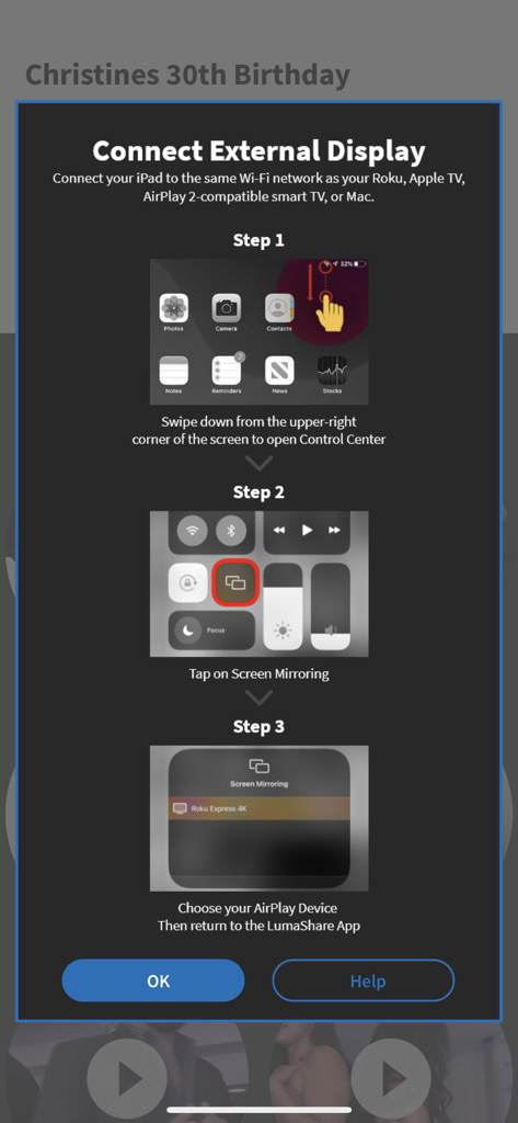 Step by step instructions for connecting the LumaShare app to an external display using AirPlay screen mirroring