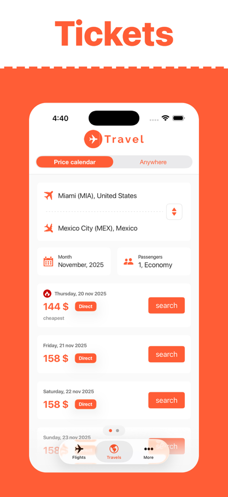 Search results in the Cheap Flights app showing a price calendar for flights from Miami to Mexico City