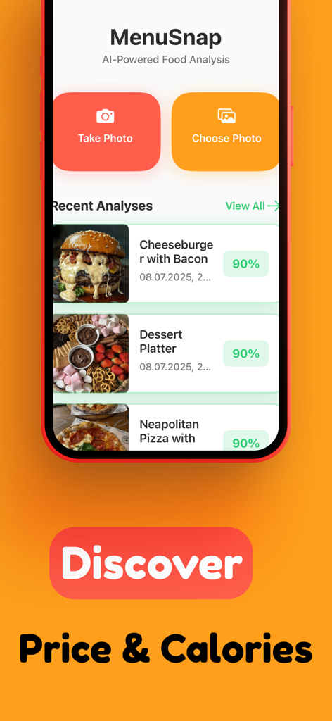Smart Food Scanner – MenuSnap - MenuSnapアプリインターフェース、AI信頼度スコア付きのチーズバーガーとデザートプレートの最近の食品分析が表示されています