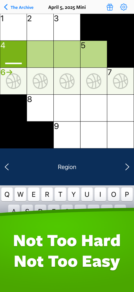 Crossword Plus app screen showing a daily mini puzzle with the message Not Too Hard Not Too Easy
