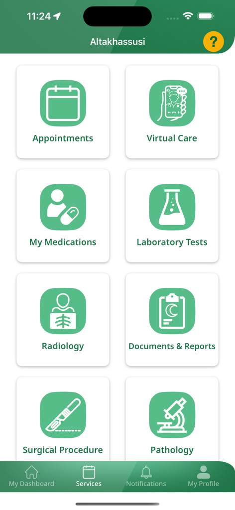 Altakhassusi - A mobile dashboard showing medical service icons for appointments virtual care medications and laboratory tests