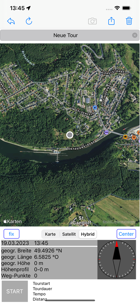 FollowMe - FollowMe mobile app interface displaying a satellite map, GPS data, and a tour start button.