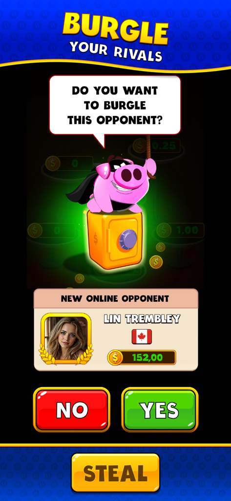 Piggy Prize - Um personagem de porco ladrão sentado em um cofre no minijogo de arrombamento do Piggy Prize.