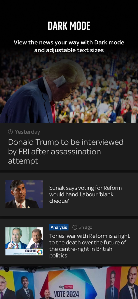 Sky News app interface in dark mode featuring global and UK news headlines