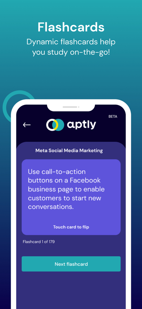 Aptly Study - Interface do aplicativo Aptly Study mostrando um flashcard digital para preparação de exame de certificação profissional