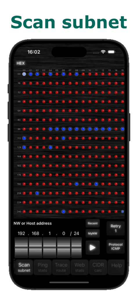 Handy Net Tools - Subnet scan interface of Handy Net Tools showing a grid of network host statuses.