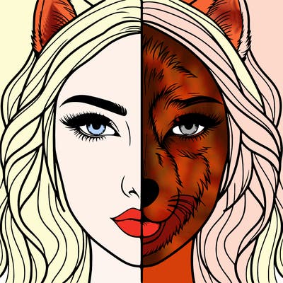 split face realistic woman and wolf