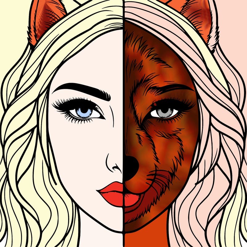 split face realistic woman and wolf