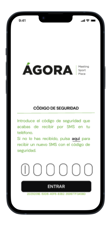 Ágora Pass - Agora Pass mobile app login screen with 6-digit SMS security code input