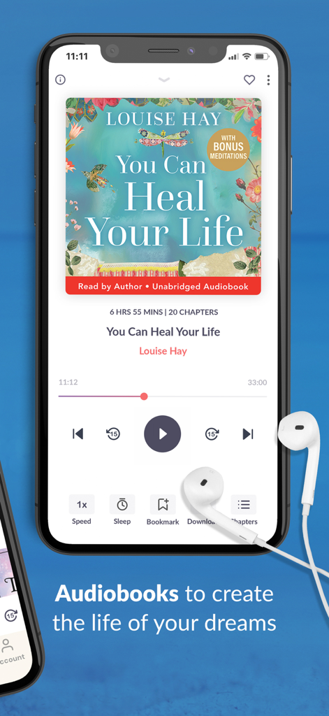 Empower You: Unlimited Audio - Smartphone screen showing the Empower You app playing the audiobook You Can Heal Your Life by Louise Hay