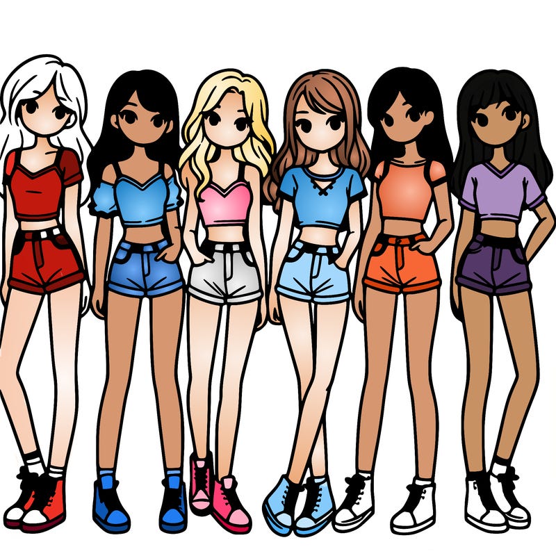 a group of girls wearing crop tops and shorts