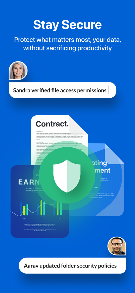 Box app interface displaying secure document management with a shield icon and user permission activity logs.