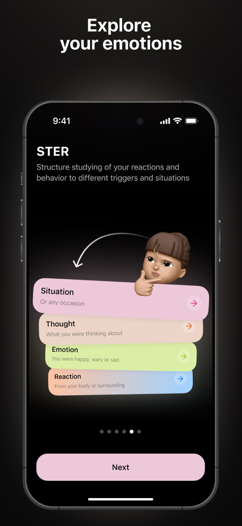 Feel Up: Mood & Habit Tracker - Interfaz de smartphone de la aplicación Feel Up que muestra el marco STER para analizar Situación Pensamiento Emoción y Reacción