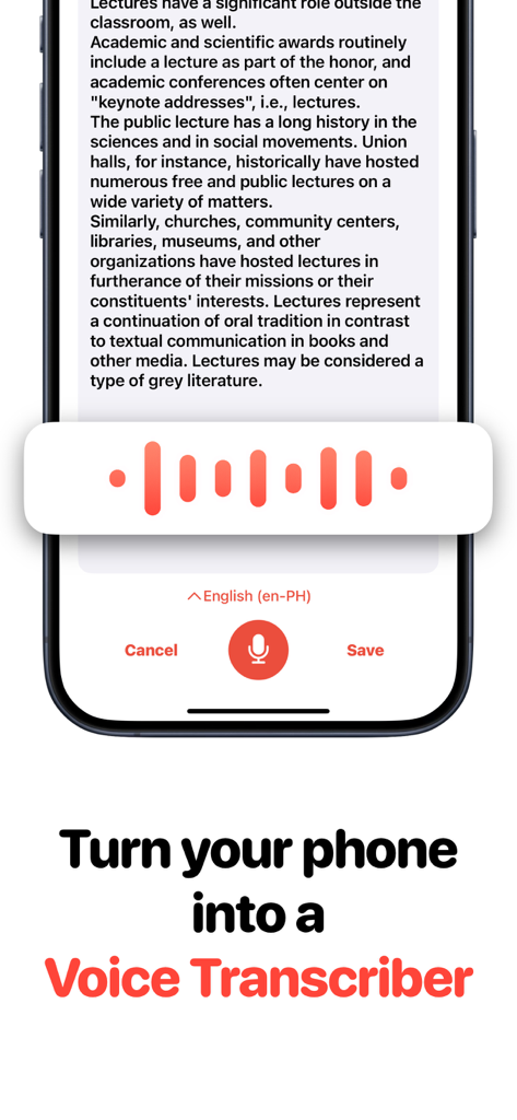 Speech To Text: AI Note Taker - Uma tela de smartphone mostrando a interface do aplicativo Speech To Text AI Note Taker com uma onda de gravação de voz e texto transcrito