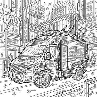 Prepare for an electrifying coloring experience with this dynamic Cyberpunk Ambulance. Immerse yourself in a high-tech cityscape filled with intricate details waiting for your creative touch.