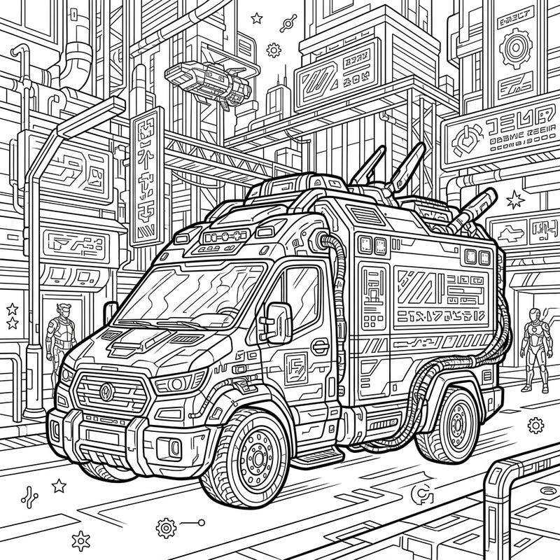 Prepare for an electrifying coloring experience with this dynamic Cyberpunk Ambulance. Immerse yourself in a high-tech cityscape filled with intricate details waiting for your creative touch.