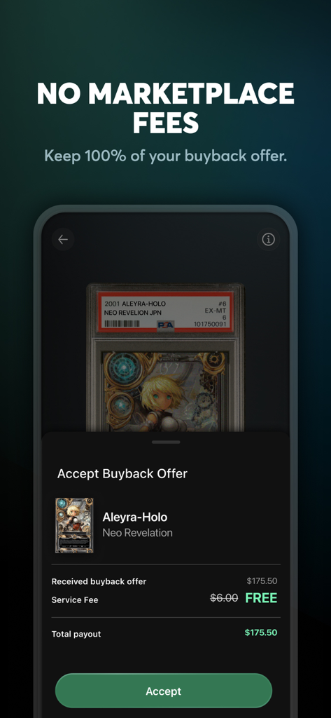 Mobile app screen showing a buyback offer for a trading card with no marketplace fees