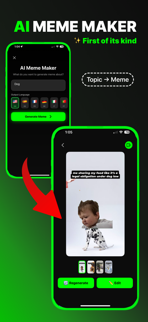Screenshot showing the AI meme generation feature where a user inputs a topic to create a funny video meme
