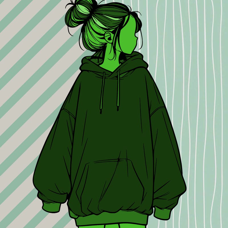 realistic girl with a oversized sweatshirt on and a bun
