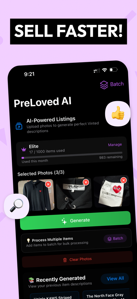 Mobile app interface of PreLoved AI showing the process of generating clothing descriptions from photos.