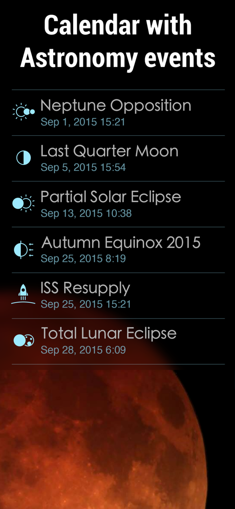 Solar Walk 2 Ads+：The Universe - A list of upcoming celestial events in the Solar Walk 2 astronomy calendar.