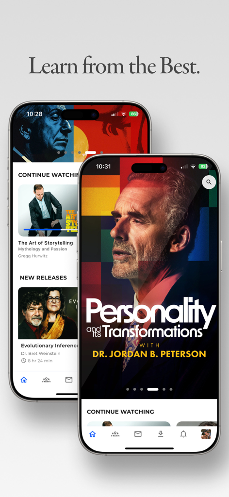 Peterson Academy - Interface of the Peterson Academy app showing a course by Dr. Jordan Peterson titled Personality and its Transformations