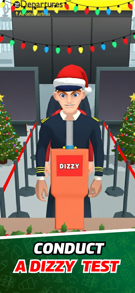 Airport Security Simulator 911 - Ein Flughafensicherheitsoffizier mit Weihnachtsmannmütze führt einen Schwindeltest bei einem Passagier während einer Weihnachtsveranstaltung durch.