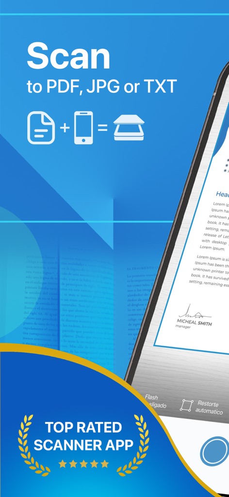 スキャナーアプリのプロモーションバナー。PDF、JPG、TXT形式へのスキャン機能と最高評価のバッジを強調。