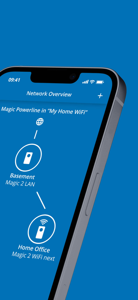 Pantalla de smartphone que muestra la interfaz de la aplicación devolo Home Network con una visión general de la red de adaptadores conectados en el sótano y la oficina en casa.