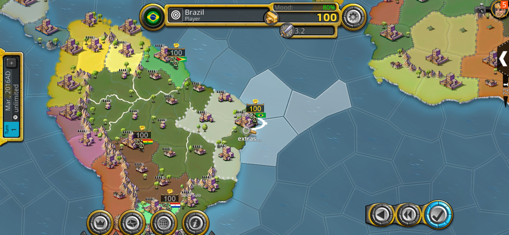 Capture d'écran du jeu Age of Conquest IV montrant la carte stratégique de l'Amérique du Sud avec le Brésil en surbrillance.