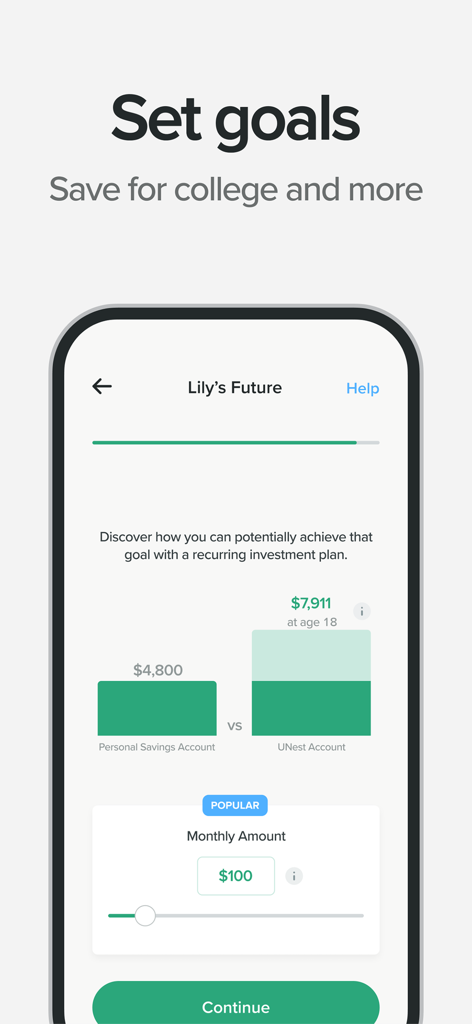UNest: Investing for Your Kids - UNest app interface showing goal setting and savings growth comparison for a childs future