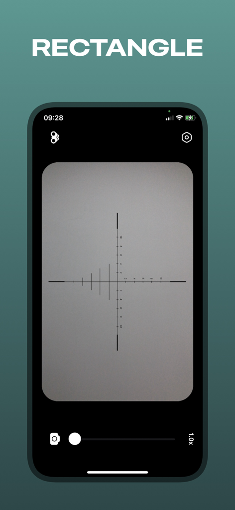 Smartphone-Bildschirm, der eine digitale Fernglas-App mit einem rechteckigen Objektivdesign und einem Messfadenkreuz anzeigt.