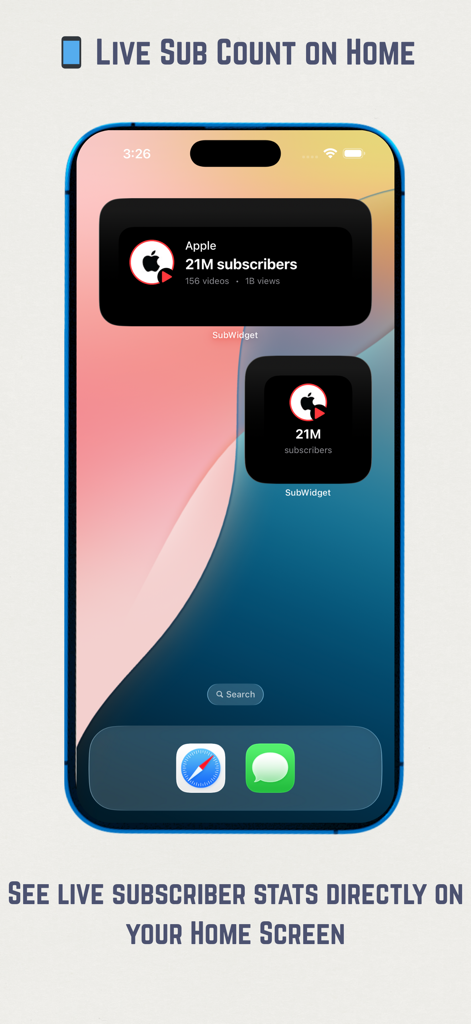 Widgets de recuento de suscriptores de YouTube en vivo en la pantalla de inicio de un iPhone mostrando estadísticas del canal.