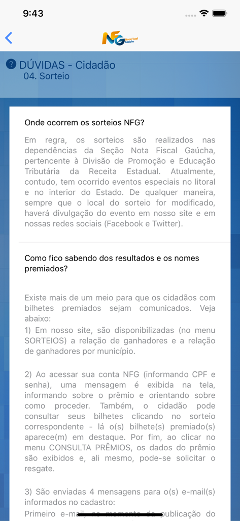 Nota Fiscal Gaúcha - Oficial - FAQ screen of the Nota Fiscal Gaucha app showing information about sweepstakes and prize results