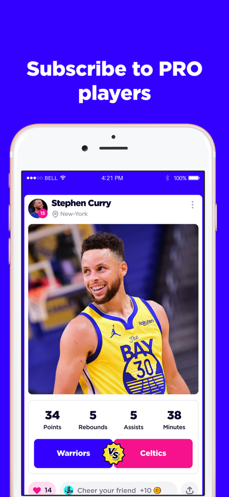 Level Up - Basketball Training - Écran de smartphone montrant les statistiques de Stephen Curry et l'option d'abonnement pour les joueurs professionnels dans l'application de basketball Level Up