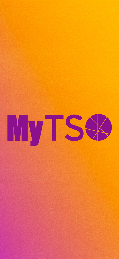 My TSO - Pantalla de inicio de la aplicación Mi TSO con el logo morado centrado en un fondo degradado cálido de naranja y rosa