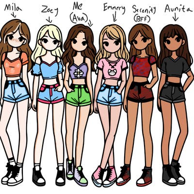 a group of girls wearing crop tops and shorts