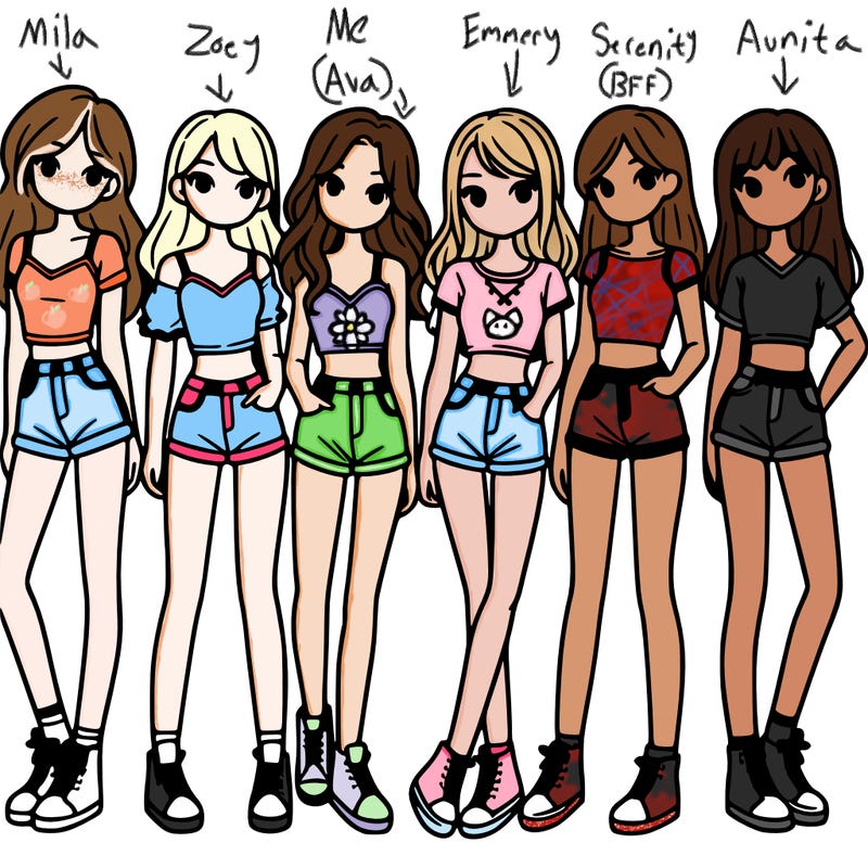a group of girls wearing crop tops and shorts