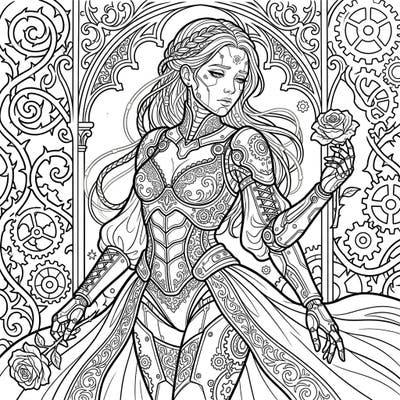 Explore the mesmerizing fusion of advanced technology and melancholic beauty with this unique coloring page featuring a bio-organic cyborg. Immerse yourself in a gothic world adorned with intricate Victorian patterns and delicate mechanical elements.